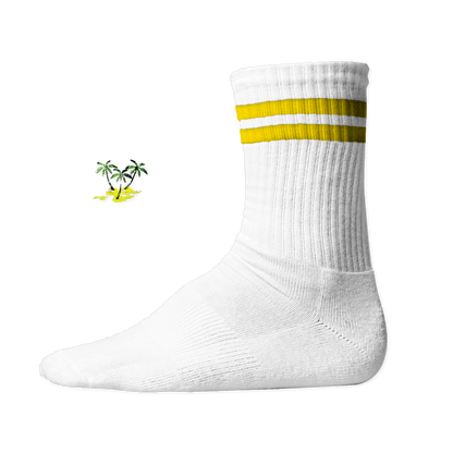 Weiße, gerippte Tennis Socke mit einem sommerlichen Palmen- und Strand-Druckmotiv auf der Schaftseite. Yellow Stripes