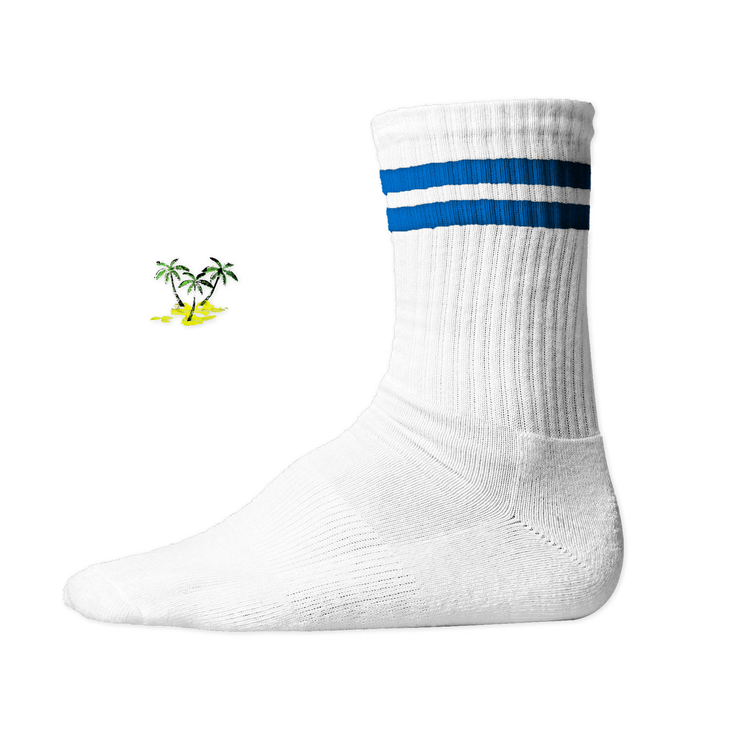 Weiße, gerippte Tennis Socke mit einem sommerlichen Palmen- und Strand-Druckmotiv auf der Schaftseite. Blue Stripes