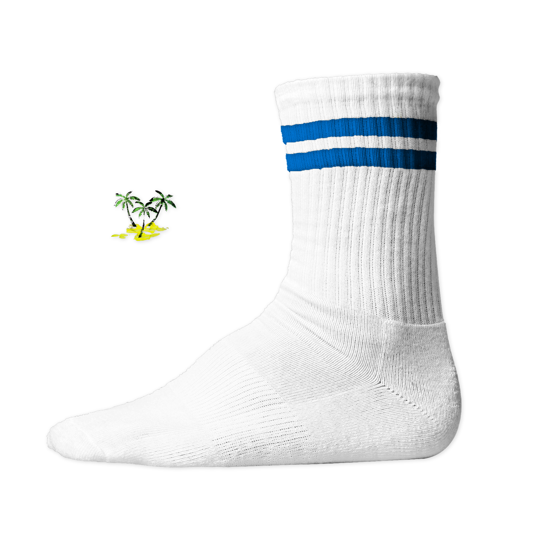 Weiße, gerippte Tennis Socke mit einem sommerlichen Palmen- und Strand-Druckmotiv auf der Schaftseite. Blue Stripes
