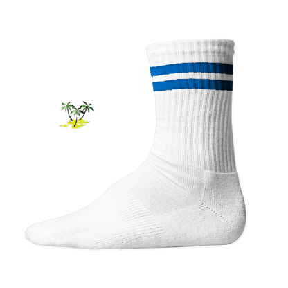 Weiße, gerippte Tennis Socke mit einem sommerlichen Palmen- und Strand-Druckmotiv auf der Schaftseite. Blue Stripes