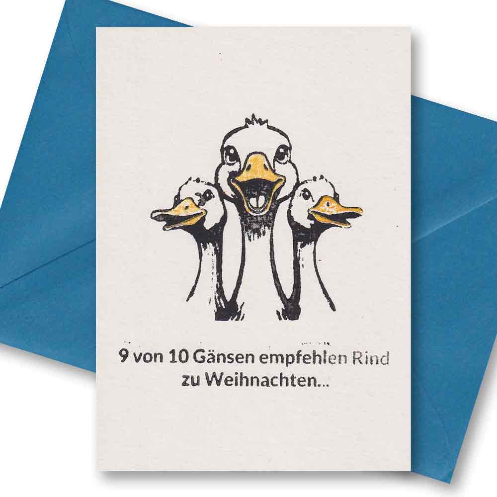 Handgedruckte Postkarte I Weihnachtsgänse empfehlen Rind