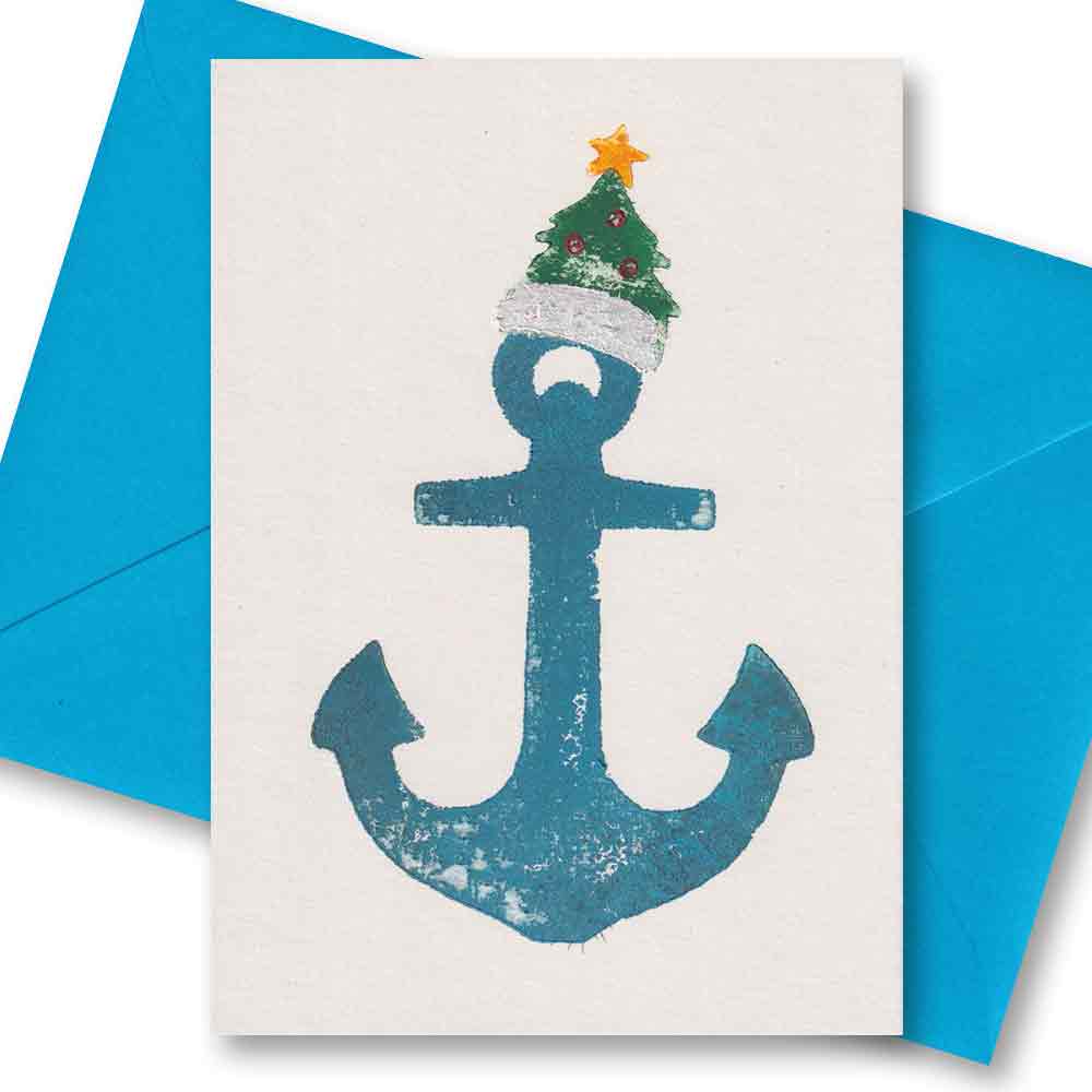 Handgedruckte Postkarte I Anker Tannenbaum Mütze