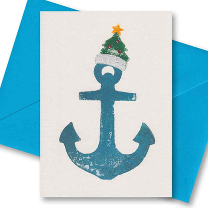 Handgedruckte Postkarte I Anker Tannenbaum Mütze