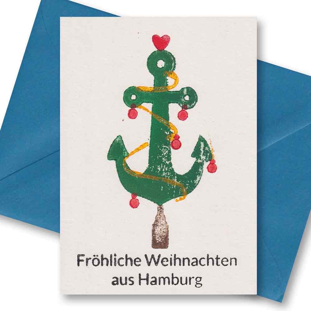 Handgedruckte Postkarte I Anker-Weihnachtsbaum aus Hamburg