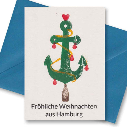 Handgedruckte Postkarte I Anker-Weihnachtsbaum aus Hamburg
