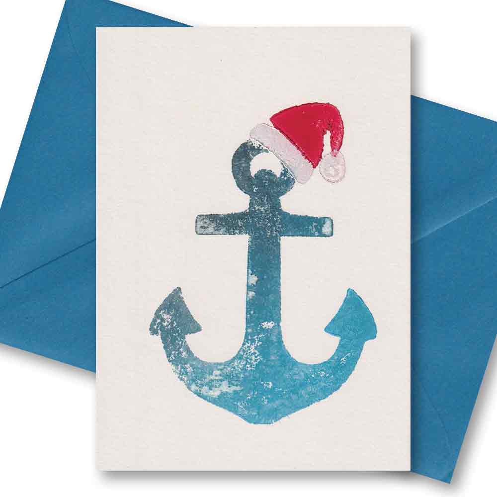 Handgedruckte Postkarte I Anker Weihnachtsmann Mütze