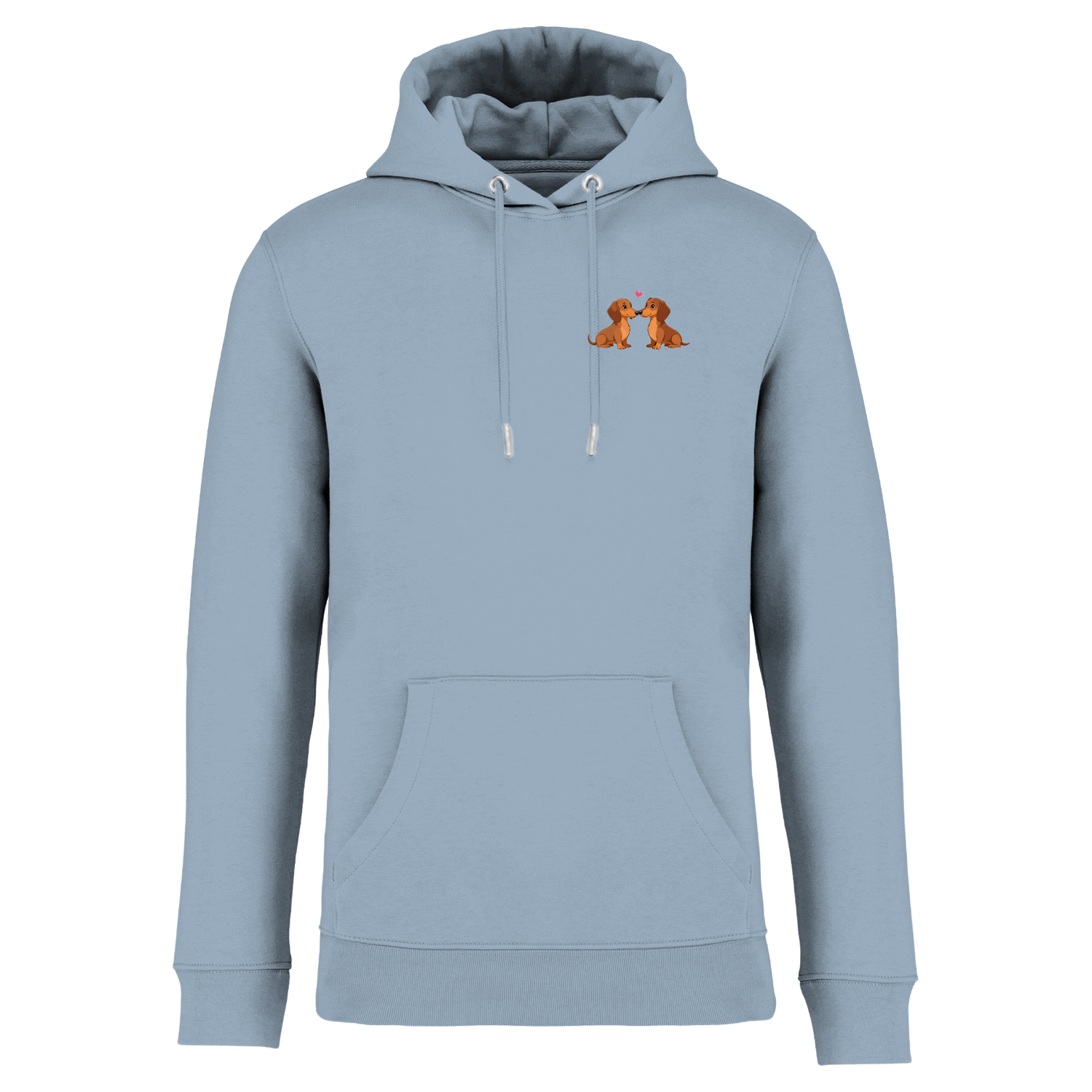 Hellblauer Hoodie mit Dackel-Motiv und Herz, nachhaltig – einzigartigbunt
