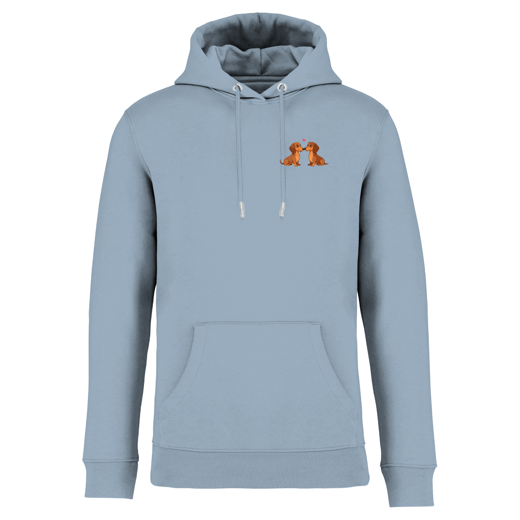 Hellblauer Hoodie mit Dackel-Motiv und Herz, nachhaltig – einzigartigbunt