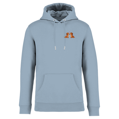 Hellblauer Hoodie mit Dackel-Motiv und Herz, nachhaltig – einzigartigbunt