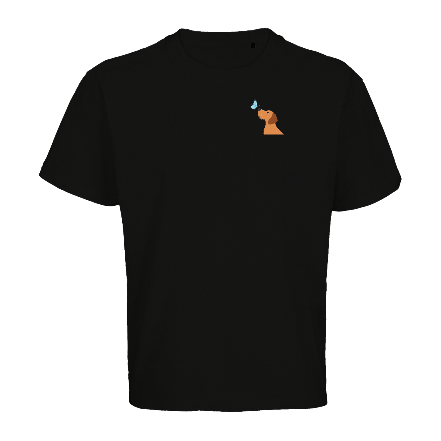 Schwarzes T-Shirt mit Dackel-Motiv und Schmetterling, nachhaltig – einzigartigbunt