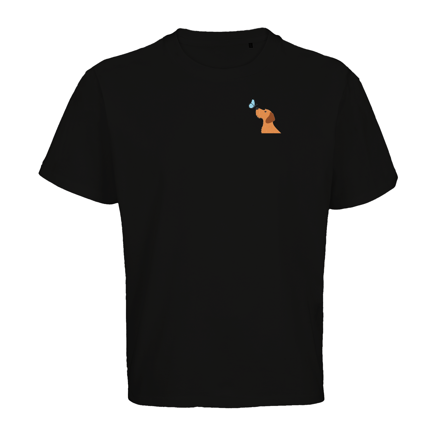 Schwarzes T-Shirt mit Dackel-Motiv und Schmetterling, nachhaltig – einzigartigbunt