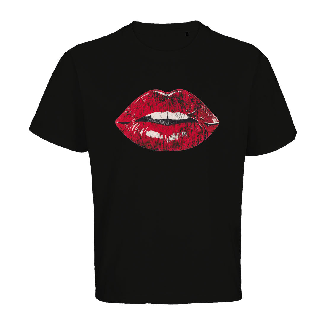 Modisches Unisex Oversized T-Shirt Modell LO3996 in lässiger Passform mit einem großflächigen Lippen-Motiv auf der Vorderseite Schwarz.