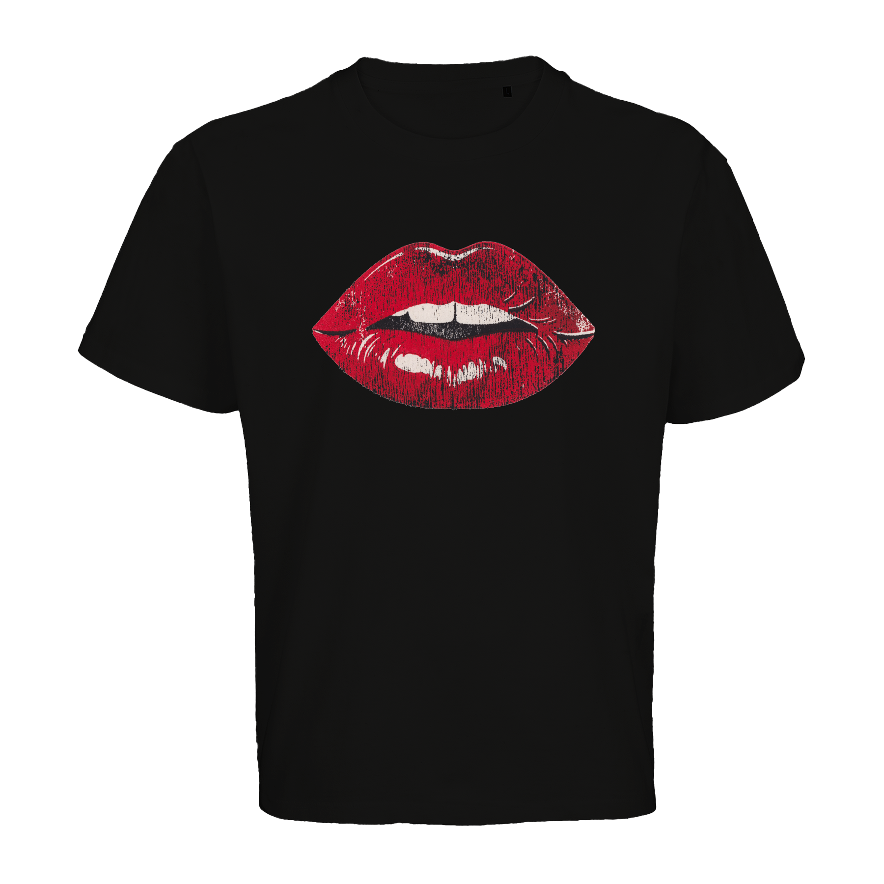 Schwarzes T-Shirt mit roten Lippen-Motiv, nachhaltig &amp; fair – einzigartigbunt