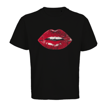 Schwarzes T-Shirt mit roten Lippen-Motiv, nachhaltig &amp; fair – einzigartigbunt