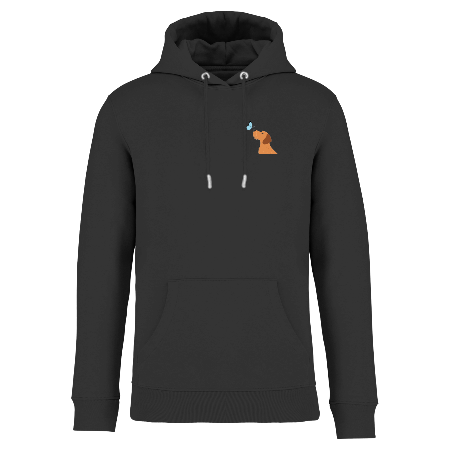 Schwarzer Hoodie mit Dackel-Motiv und Schmetterling, nachhaltig – einzigartigbunt