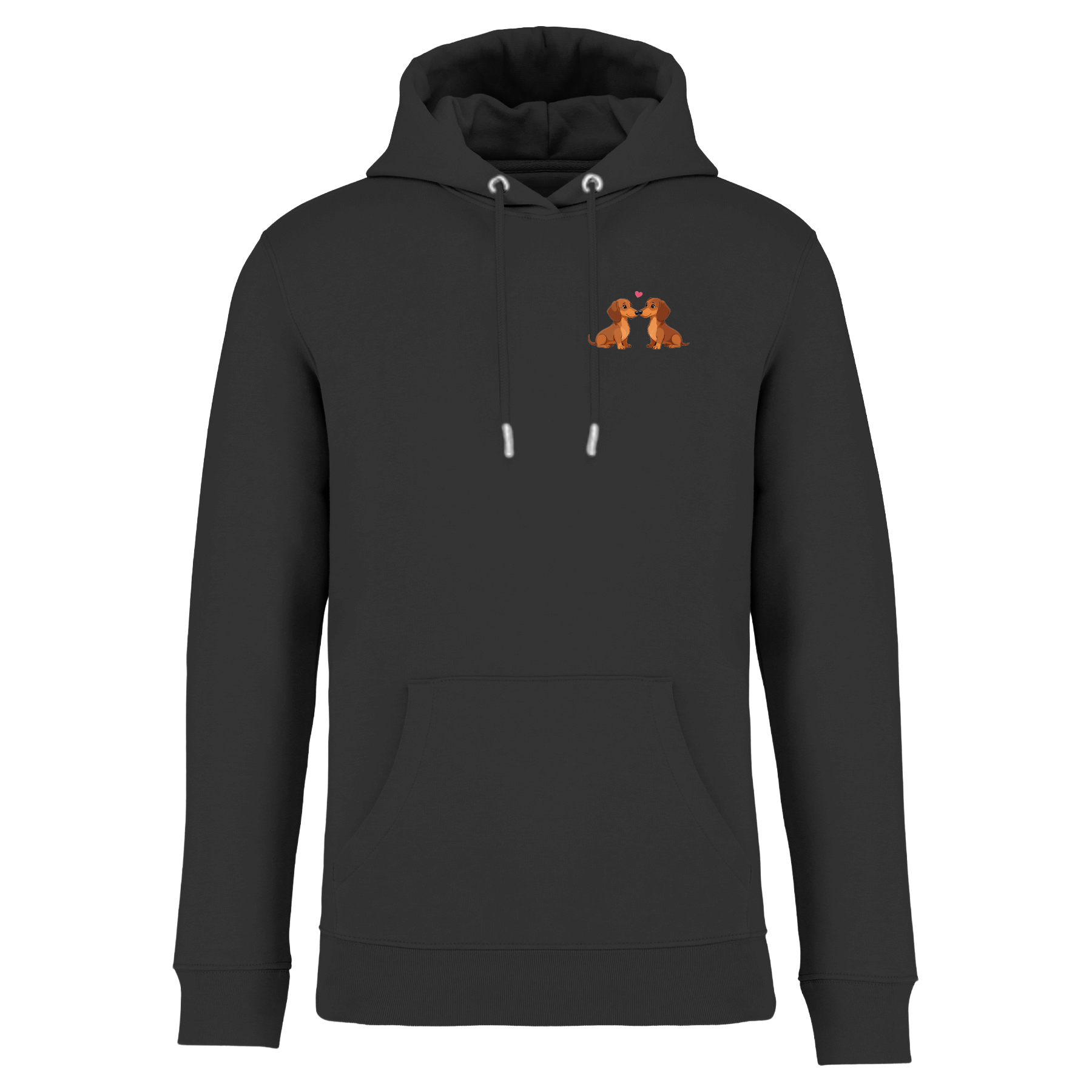 Schwarzer Hoodie mit niedlichen Dackel-Motiven und Herz, nachhaltig – einzigartigbunt