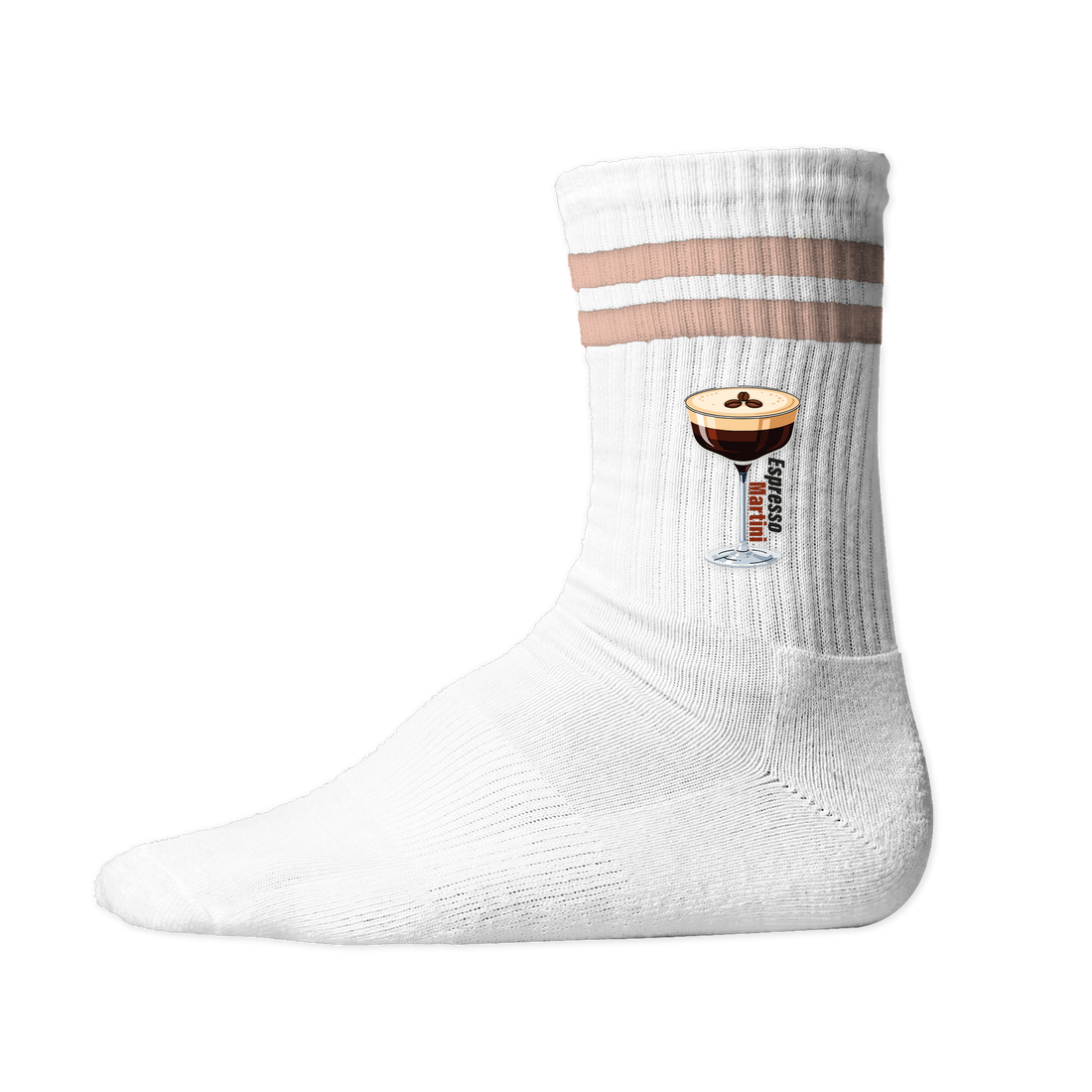 Weiße Tennis Socke mit einem gedruckten Espresso Martini Glas und Text auf der Schaftseite.