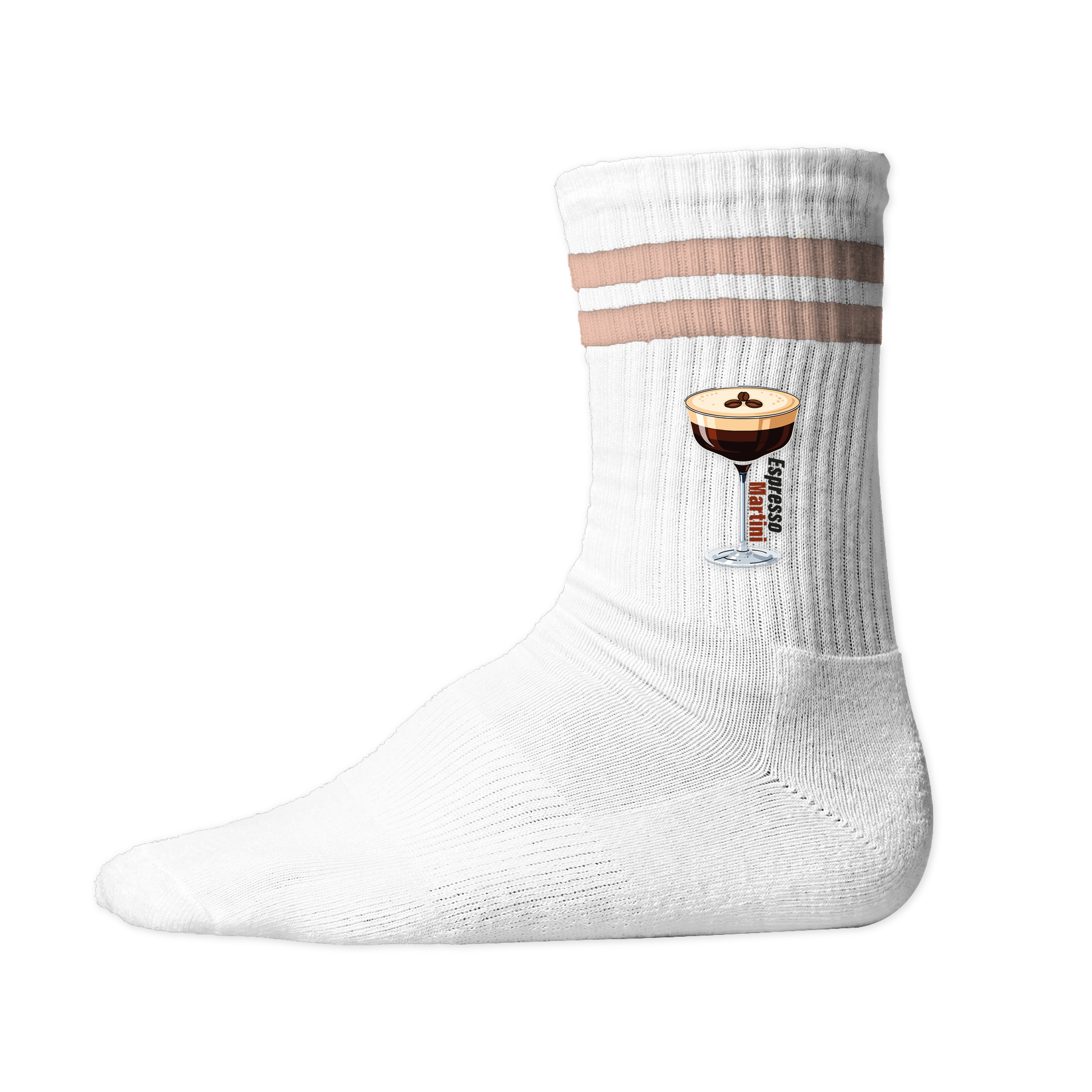 Weiße Tennis Socke mit einem gedruckten Espresso Martini Glas und Text auf der Schaftseite.