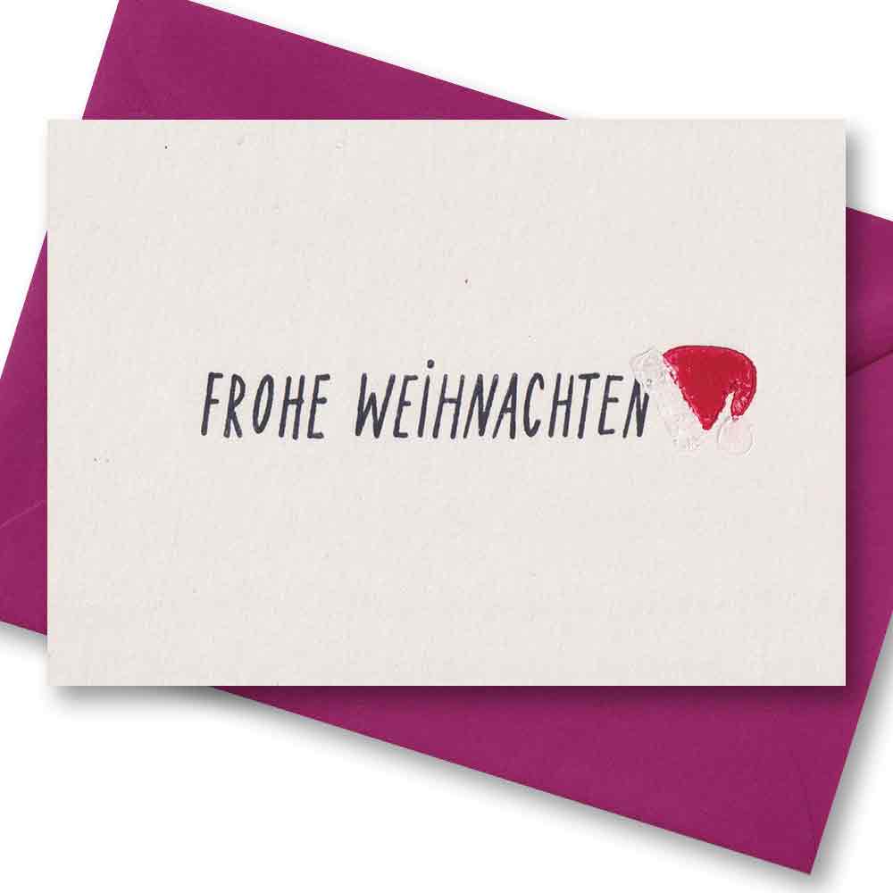 Handgedruckte Postkarte I Frohe Weihnachten Weihnachtsmann Mütze