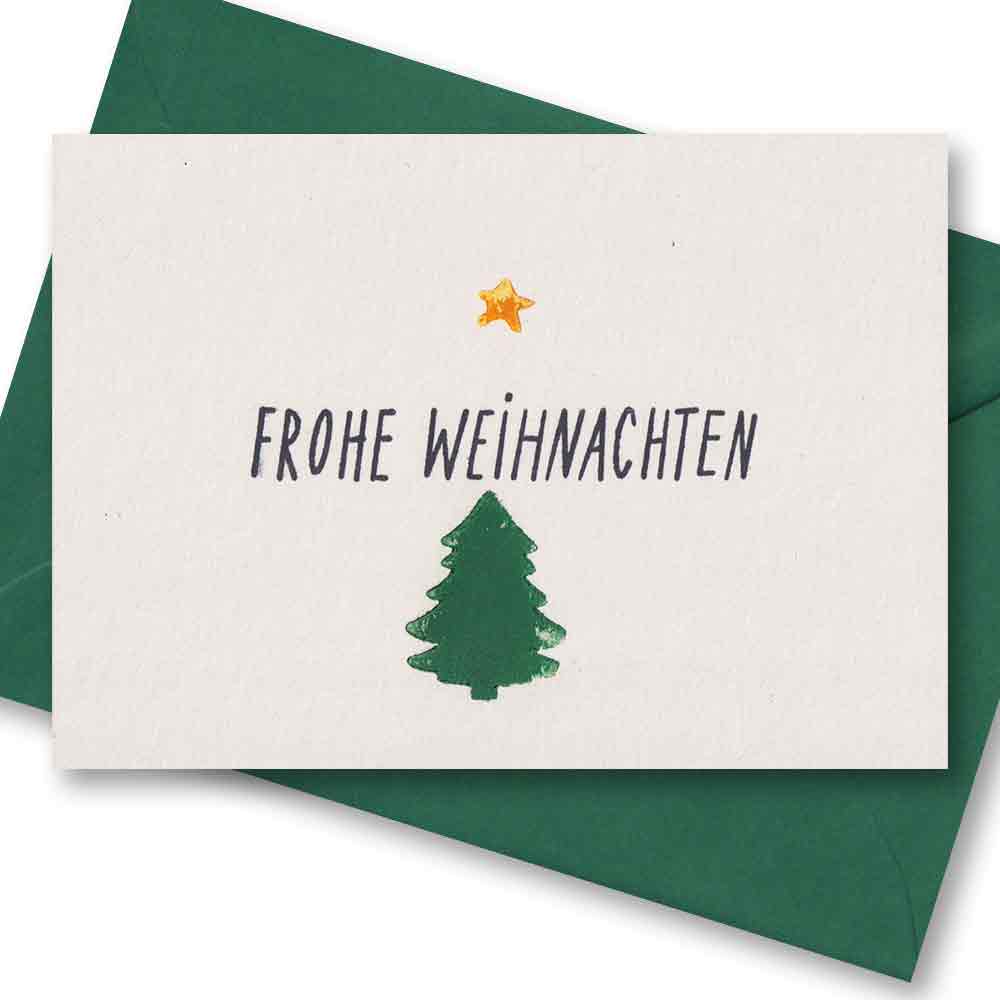 Handgedruckte Postkarte I Frohe Weihnachten Tanne Stern
