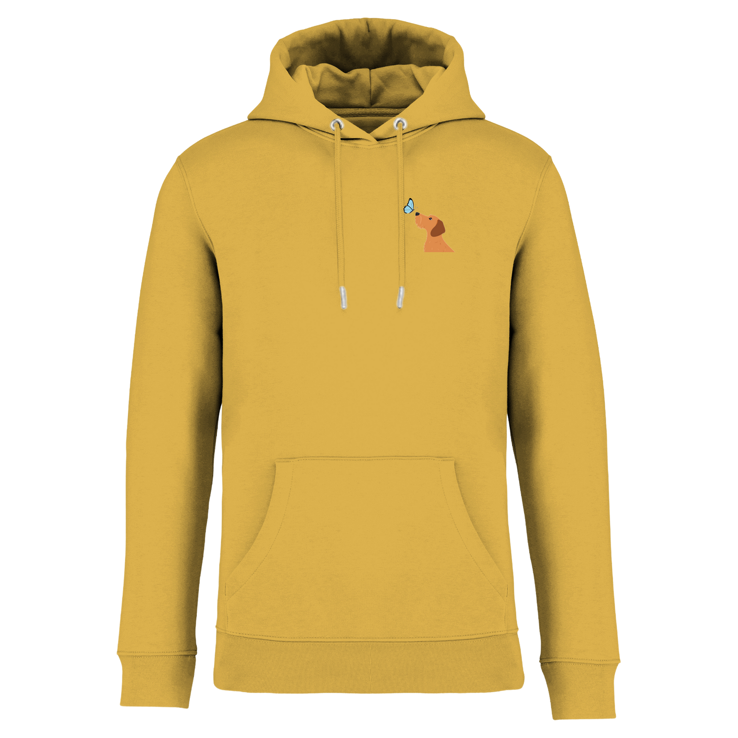 Senfgelber Hoodie mit niedlichem Dackel-Motiv und Schmetterling, nachhaltig – einzigartigbunt