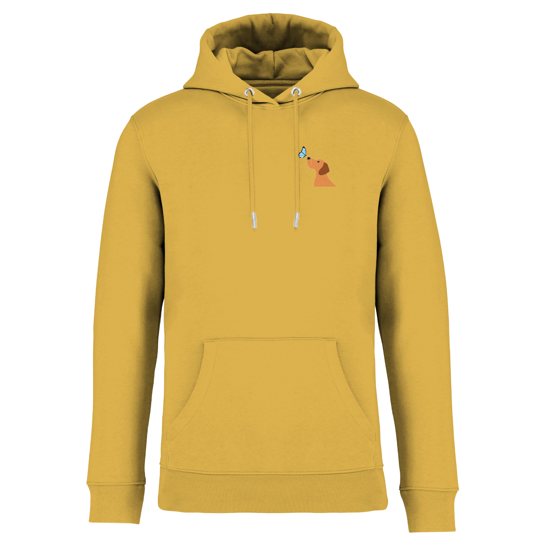 Senfgelber Hoodie mit niedlichem Dackel-Motiv und Schmetterling, nachhaltig – einzigartigbunt