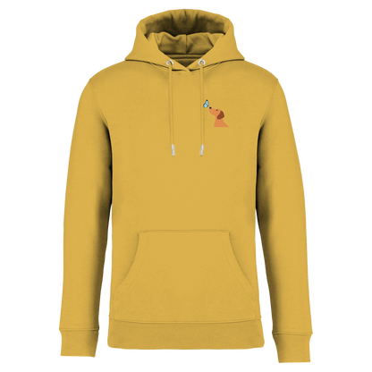 Senfgelber Hoodie mit niedlichem Dackel-Motiv und Schmetterling, nachhaltig – einzigartigbunt