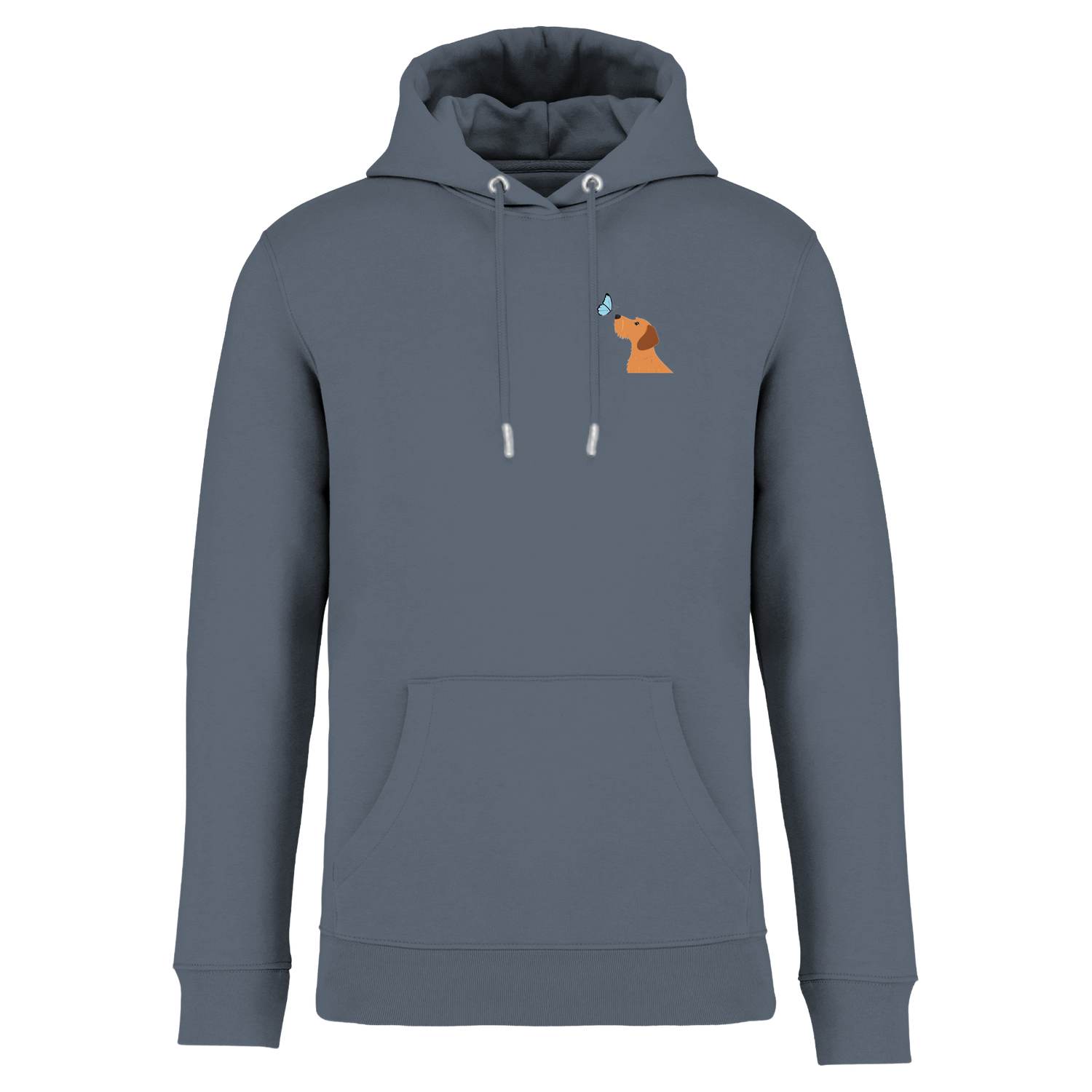 Grauer Hoodie mit Dackel-Motiv und Schmetterling, nachhaltig – einzigartigbunt