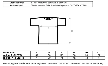 Größentabelle für nachhaltiges Herren-T-Shirt aus Bio-Baumwolle mit Maßen für Brust und Länge – einzigartigbunt