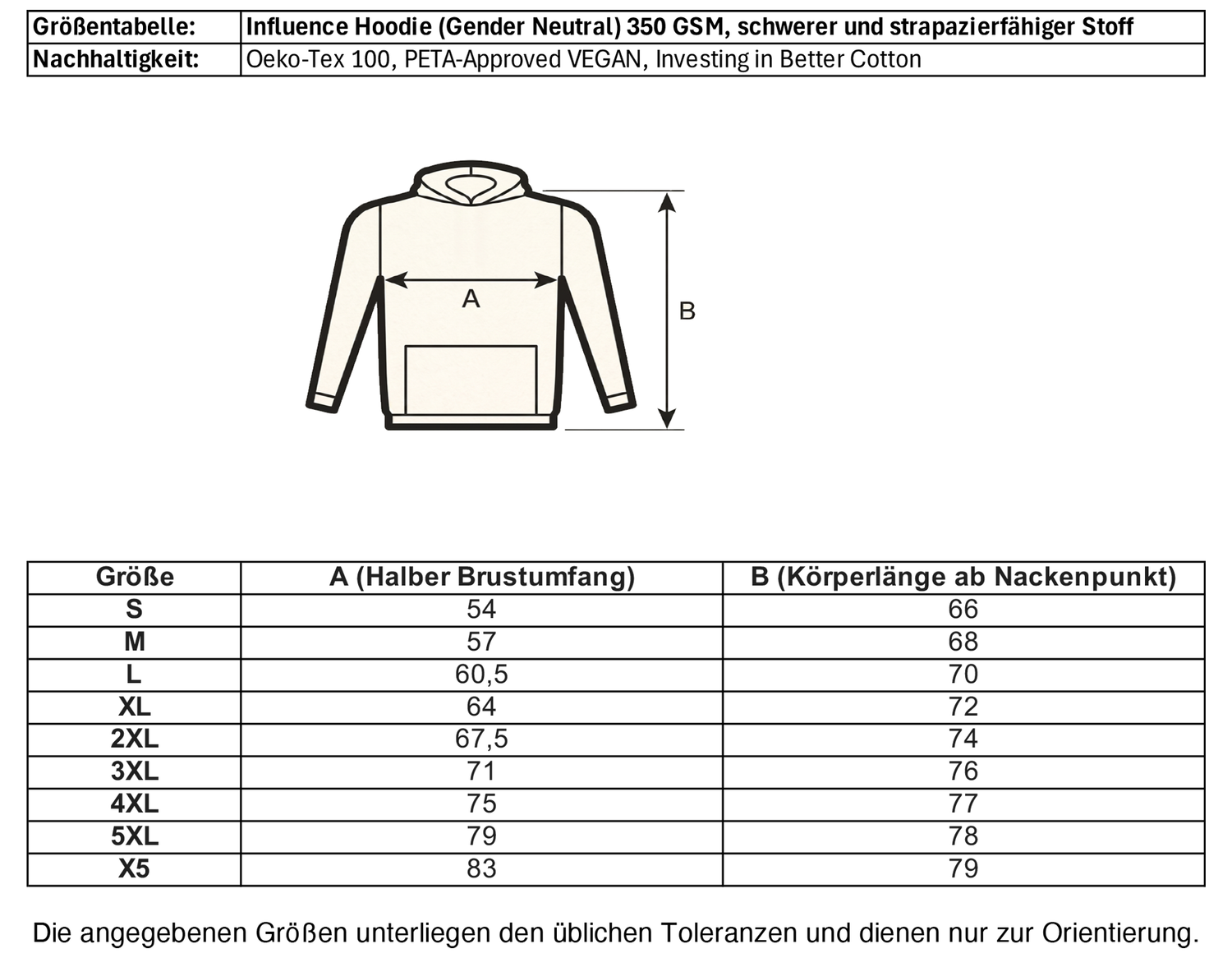 Größentabelle vom Modernen Oversized Influence-Hoodie einzigartigbunt