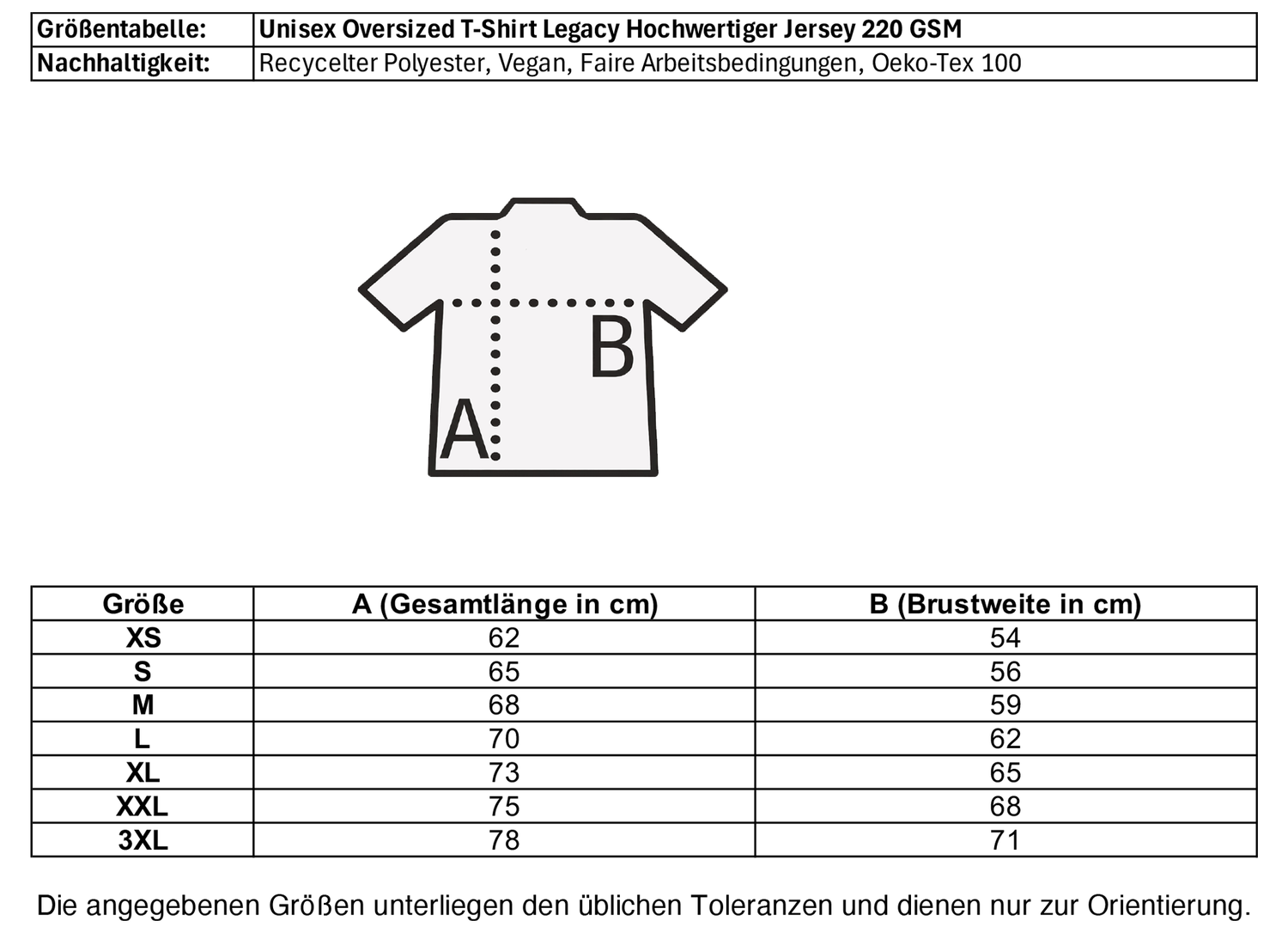 Größentabelle für Unisex Oversized T-Shirt aus nachhaltigem Jersey – einzigartigbunt