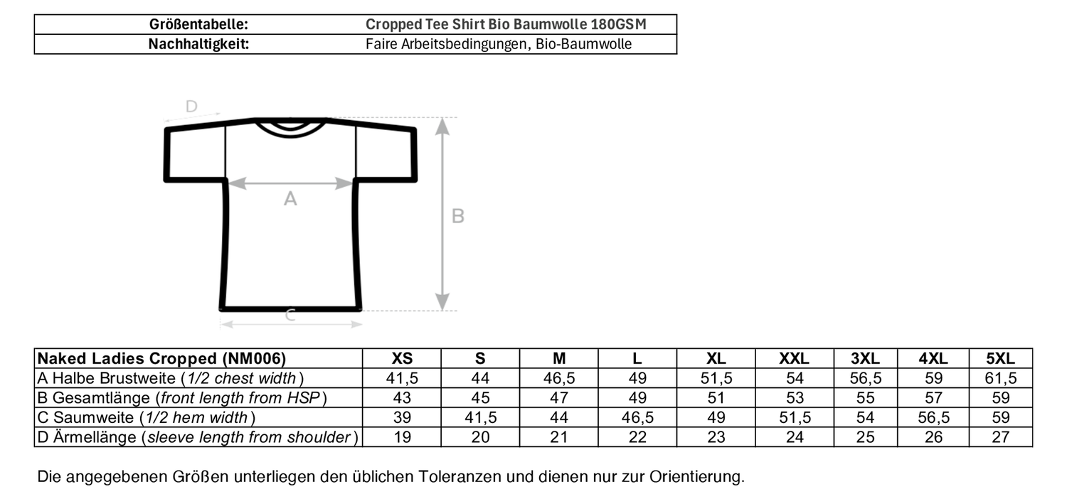 Größentabelle für nachhaltiges Cropped Tee Shirt aus Bio-Baumwolle – einzigartigbunt