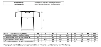 Größentabelle für nachhaltiges Cropped Tee Shirt aus Bio-Baumwolle – einzigartigbunt