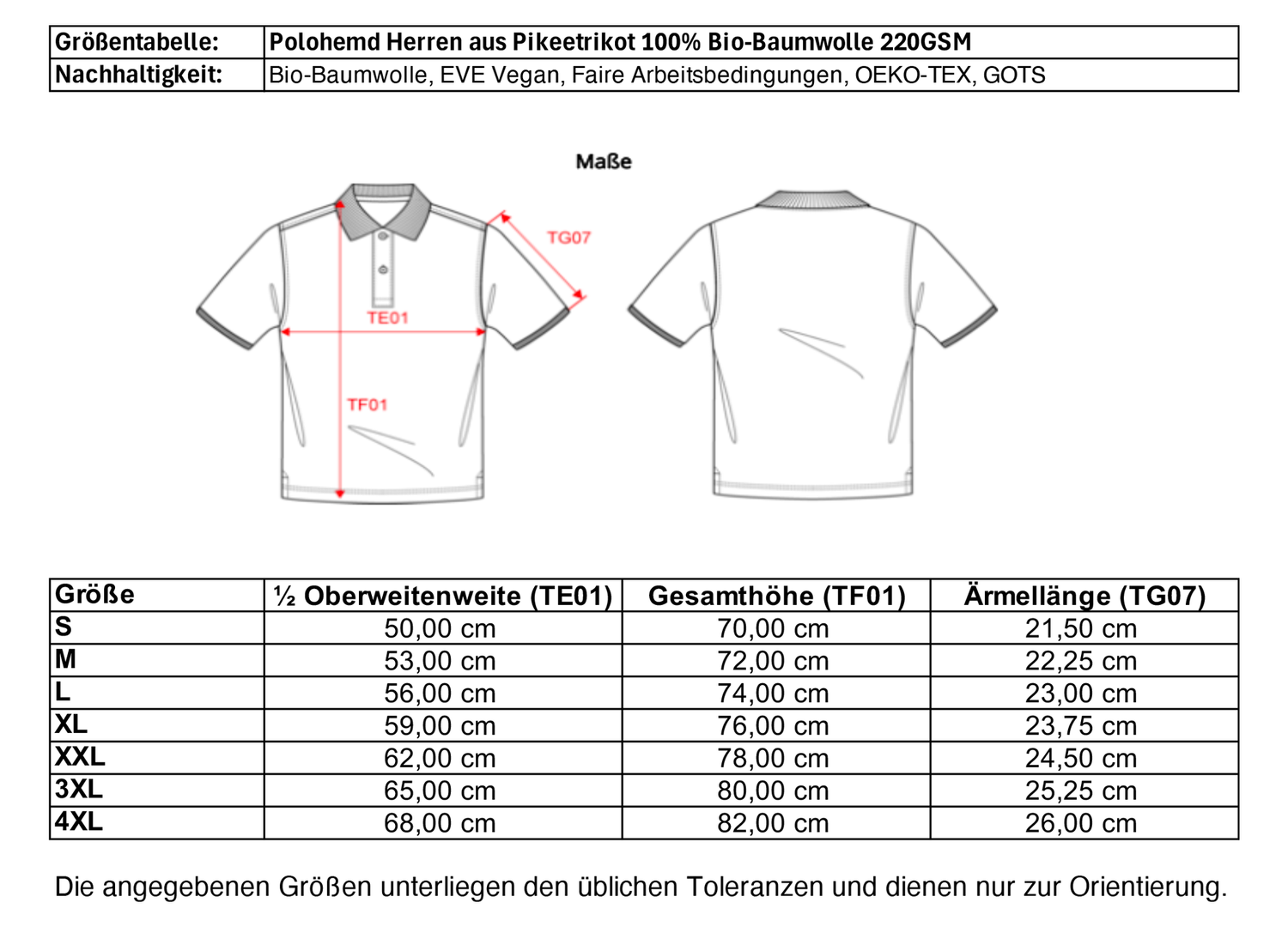 Größentabelle für Herren Polohemd aus Pikeetrikot 100% Bio-Baumwolle.