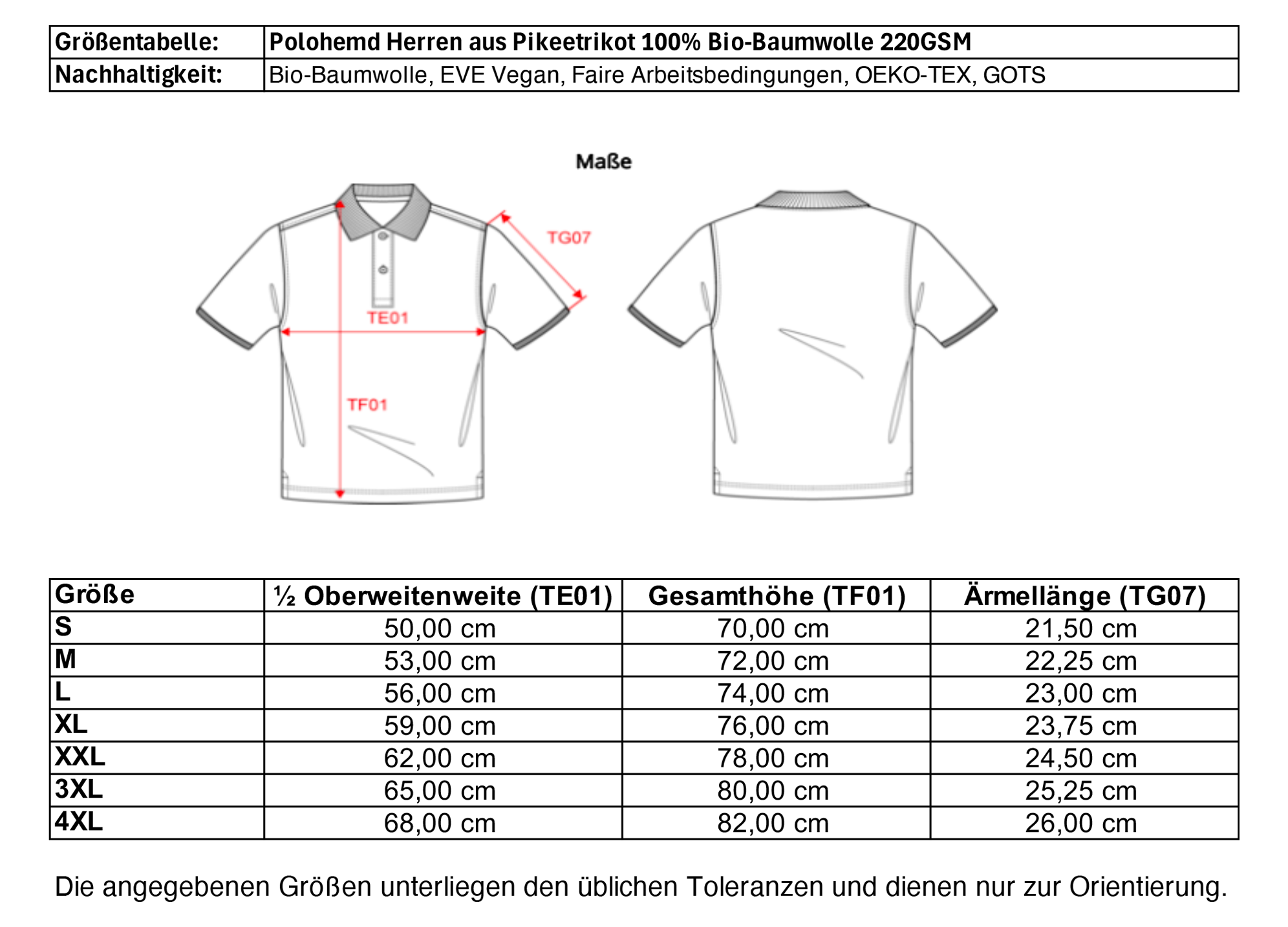 Größentabelle für Herren Polohemd aus Pikeetrikot 100% Bio-Baumwolle.