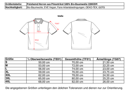 Größentabelle für Herren Polohemd aus Pikeetrikot 100% Bio-Baumwolle.