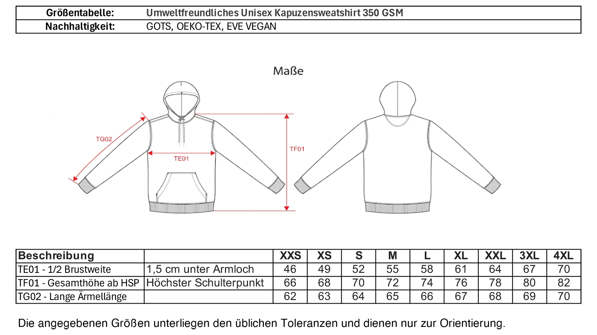 Größentabelle vom Nachhaltigen Unisex-Hoodie aus Bio-Baumwolle mit einem großflächigen, detailreichen Print-Motiv