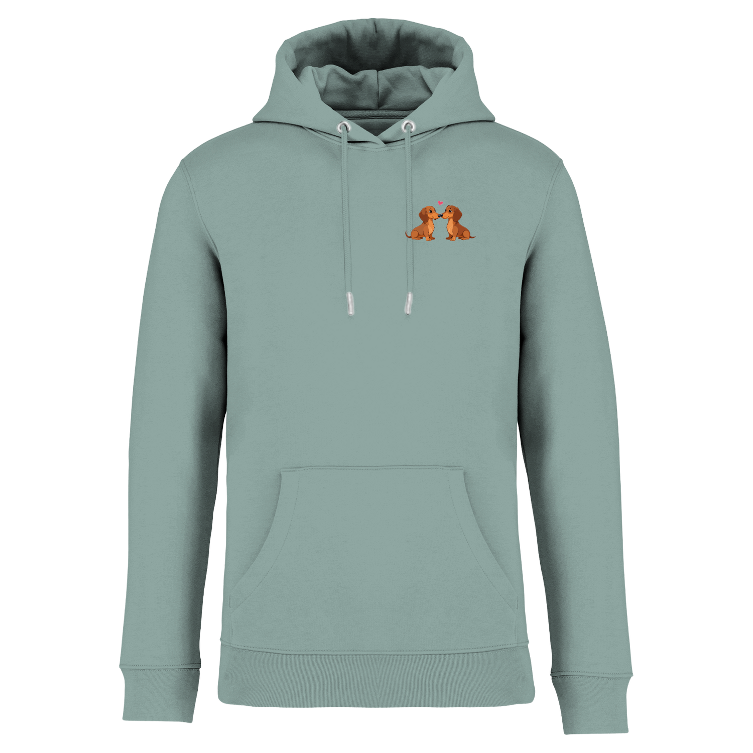 Mintgrüner Hoodie mit niedlichen Dackel-Motiven und Herz, nachhaltig – einzigartigbunt