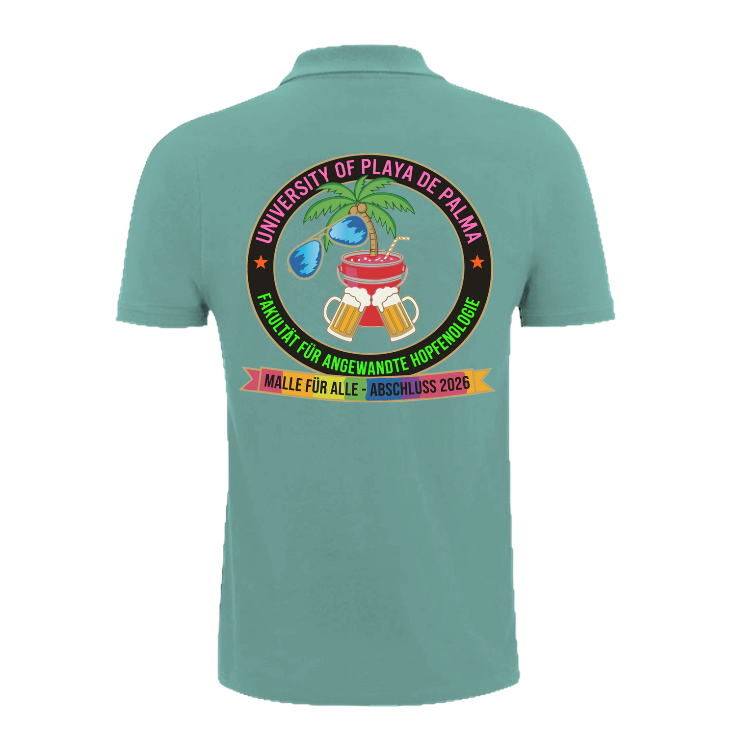 Mintgrünes Polo-Shirt mit buntem Universitäts-Emblem, Palme, Bier und Cocktail – nachhaltig – einzigartigbunt