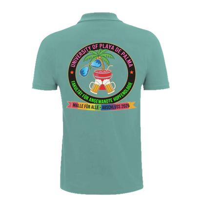 Mintgrünes Polo-Shirt mit buntem Universitäts-Emblem, Palme, Bier und Cocktail – nachhaltig – einzigartigbunt