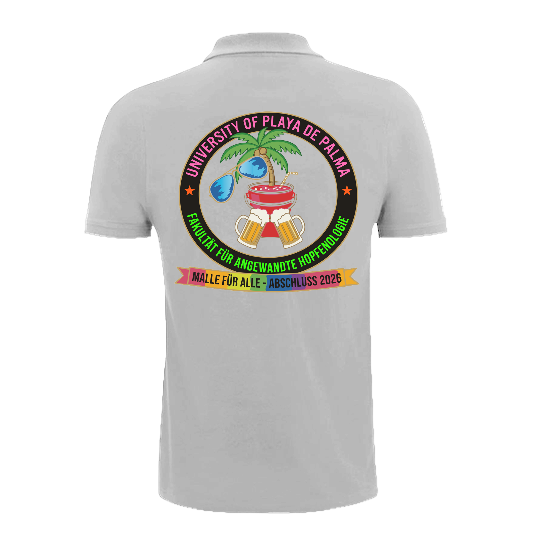 Graues Polo mit buntem Universitäts-Emblem, Palme, Bier und Regenbogenband – einzigartigbunt
