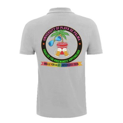 Graues Polo mit buntem Universitäts-Emblem, Palme, Bier und Regenbogenband – einzigartigbunt