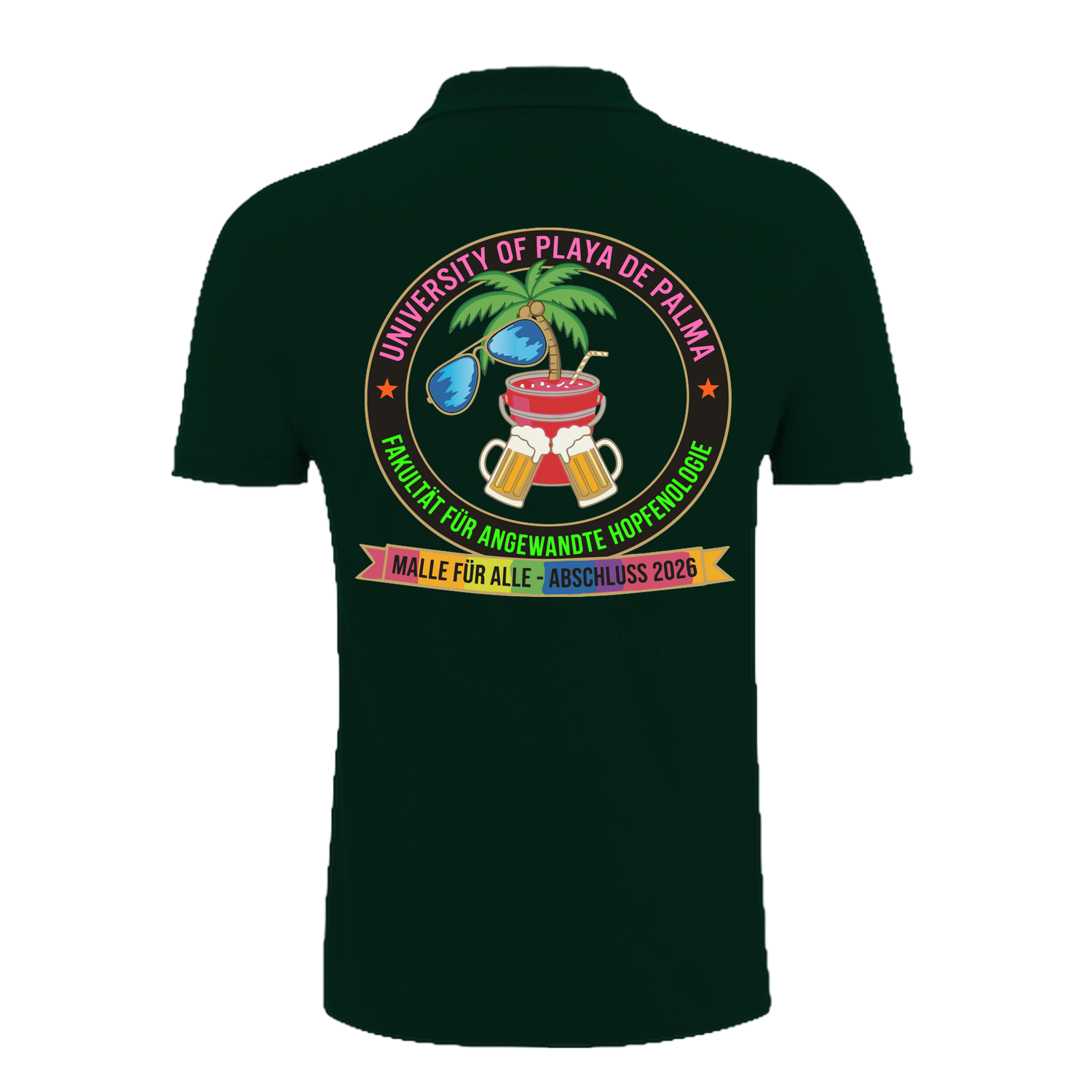 Dunkelgrünes Polo mit buntem Uni-Design: Palme, Sonnenbrille, Bier und Cocktail – nachhaltig – einzigartigbunt