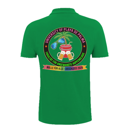 Grünes Polo-Shirt mit buntem Universitäts-Design, Palme, Bier und Cocktail – nachhaltig – einzigartigbunt