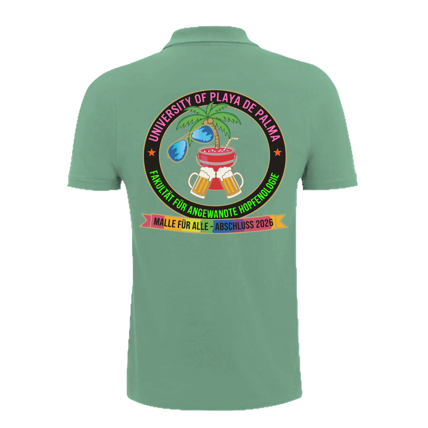 Mintgrünes Polo mit buntem University of Playa de Palma Design, Palme, Bier und Cocktail – einzigartigbunt