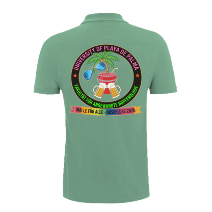 Mintgrünes Polo mit buntem University of Playa de Palma Design, Palme, Bier und Cocktail – einzigartigbunt