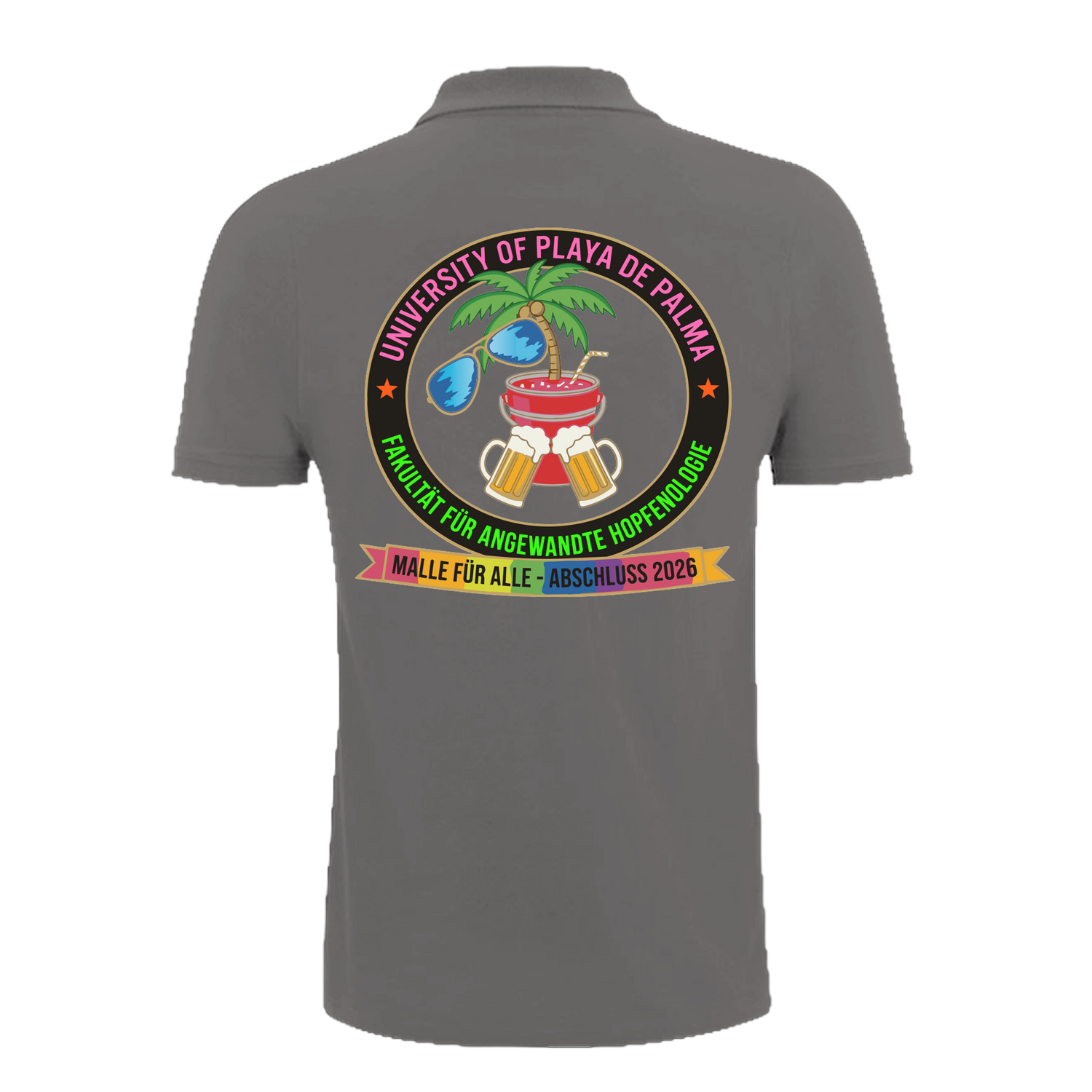 Graues Polo-Shirt mit buntem Universitäts-Emblem, Palme, Bier und Cocktail – nachhaltig – einzigartigbunt
