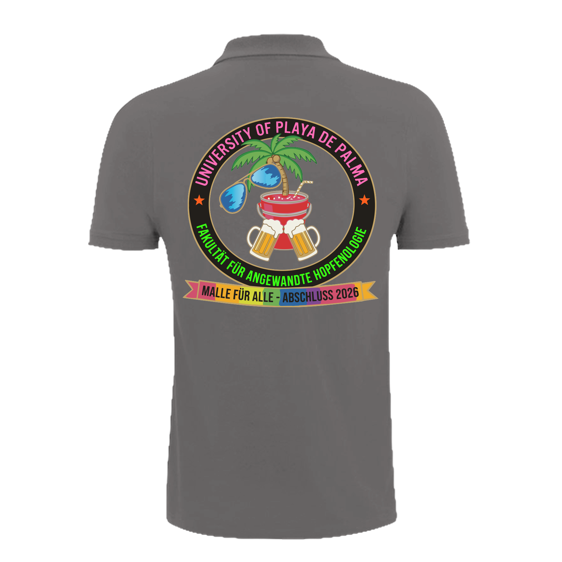 Graues Polo-Shirt mit buntem Universitäts-Emblem, Palme, Bier und Cocktail – nachhaltig – einzigartigbunt