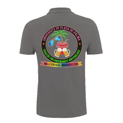 Graues Polo-Shirt mit buntem Universitäts-Emblem, Palme, Bier und Cocktail – nachhaltig – einzigartigbunt