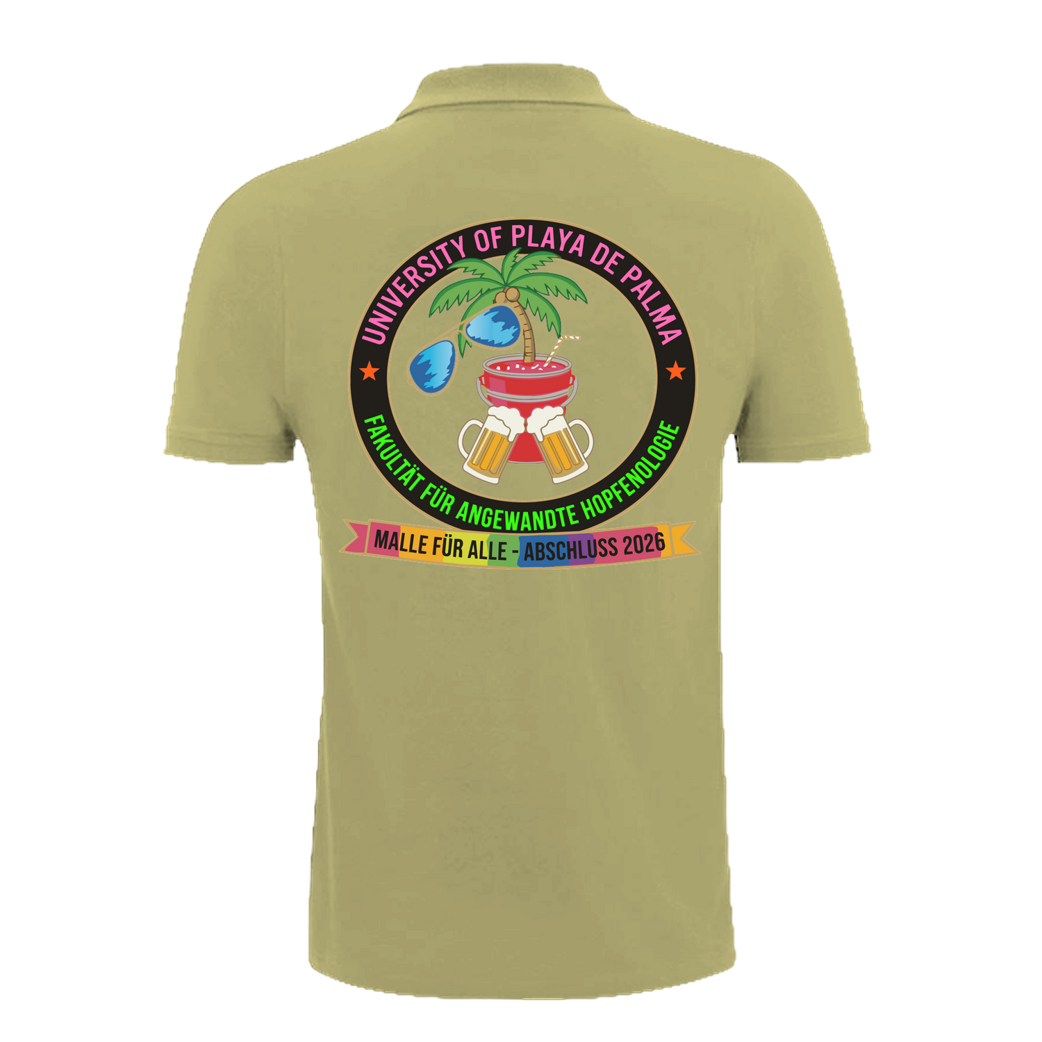 Olivgrünes Polo-Shirt mit buntem University of Playa de Palma Design, Palme, Bier und Regenbogenband – einzigartigbunt